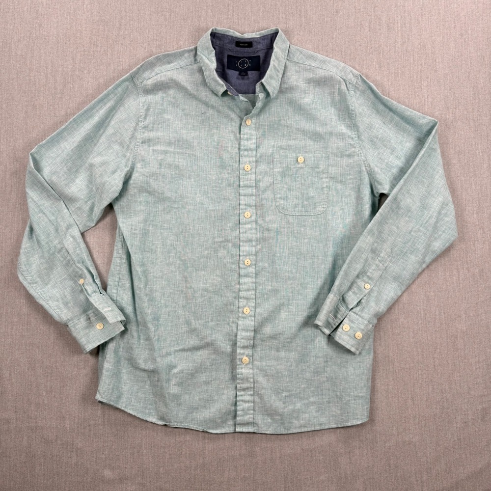 Even Tide Mens Regular Fit Linen Cotton Button Down Shirt Green MGW10381-RG L